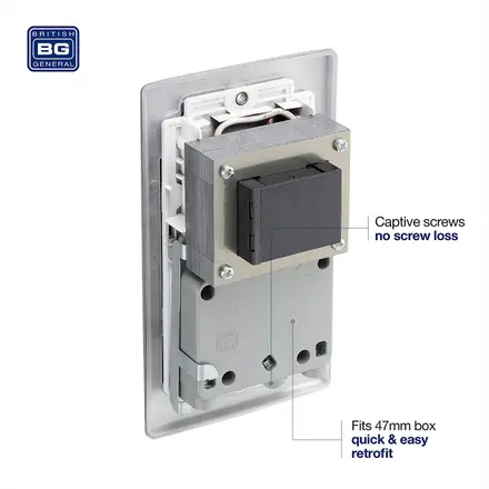 BG Nexus Metal brushed steel dual voltage shaver socket, white insert NBS20W-01