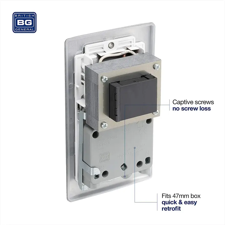 BG Nexus Metal brushed steel dual voltage shaver socket, white insert NBS20W-01