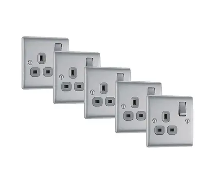 BG Nexus Metal brushed steel 1 gang 13A double pole switched socket, grey inserts NBS21G-01