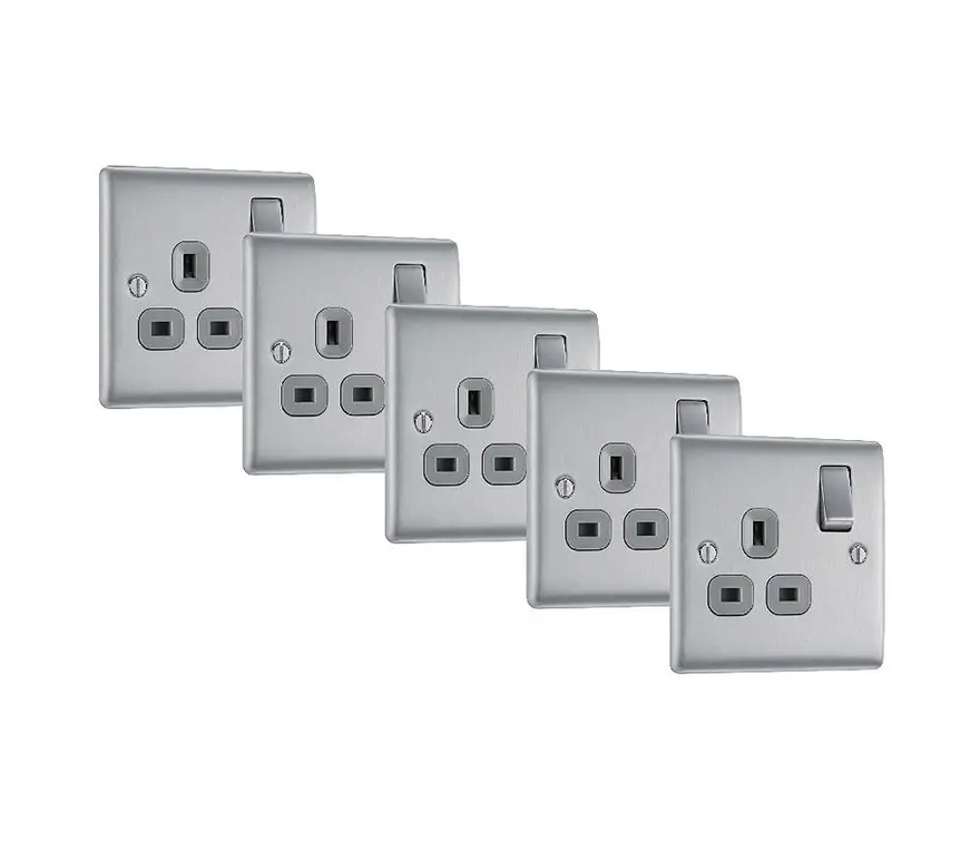 BG Nexus Metal brushed steel 1 gang 13A double pole switched socket, grey inserts NBS21G-01