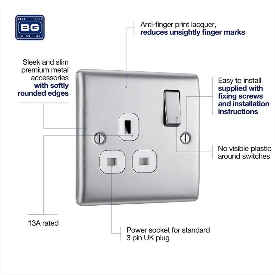 BG Nexus Metal brushed steel 1 gang 13A double pole switched socket, white inserts NBS21W-01