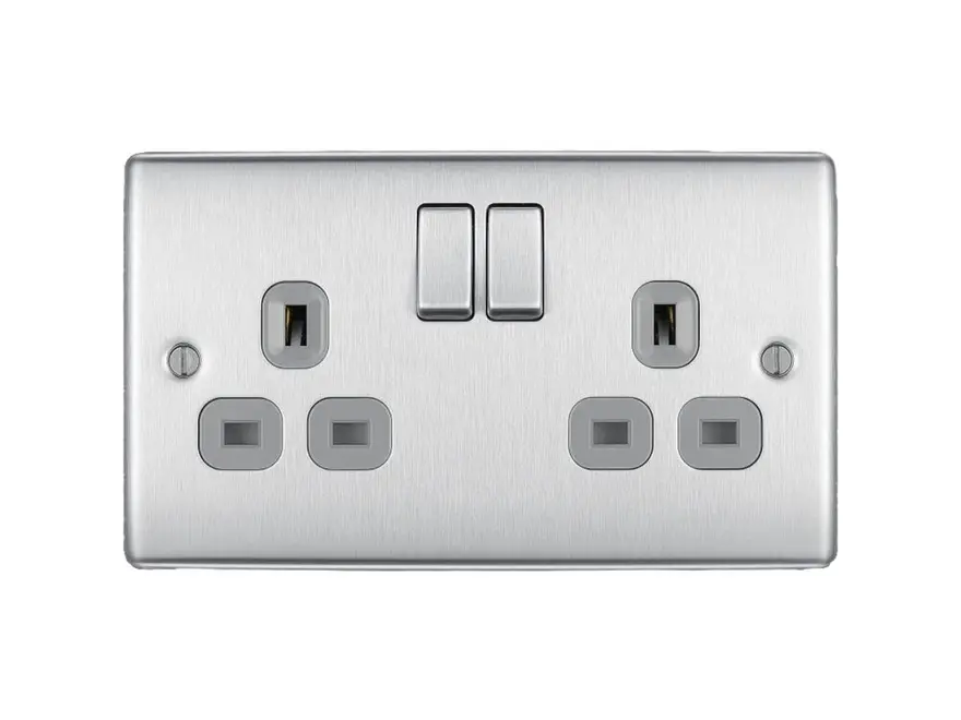 BG Nexus Metal brushed steel 2 gang 13A double pole switched socket NBS22G-01