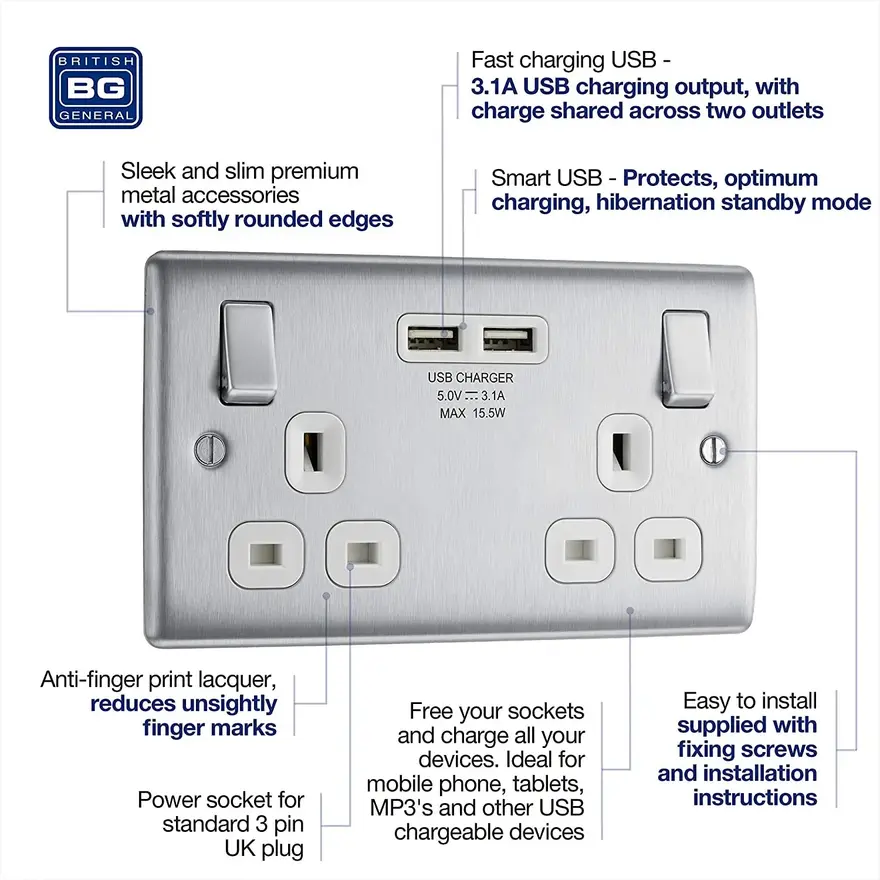 BG Nexus Metal brushed steel 2 gang 13A switched socket with USB A+A NBS22U3W-01