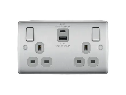 BG Nexus Metal brushed steel 2 gang 13A switched socket with USB A+C 22W NBS22UAC22G-01
