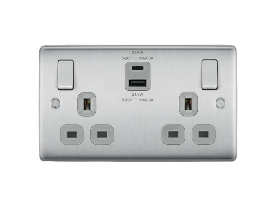 BG Nexus Metal brushed steel 2 gang 13A switched socket with USB A+C 22W NBS22UAC22G-01