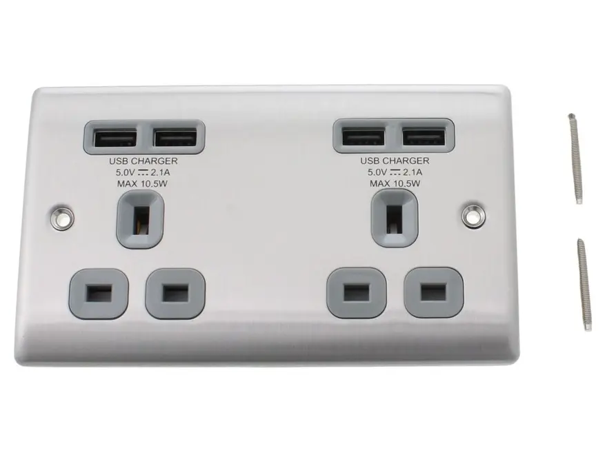 BG Nexus Metal 13A 2 Gang Unswitched Socket with 4-Port USB Charging, Brushed Steel Grey Insert NBS24U44G-01