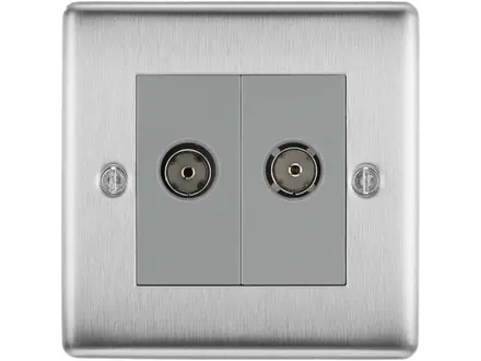 BG Nexus Metal Co-Axial TV Socket, Brushed Steel, 2 Gang NBS61-01
