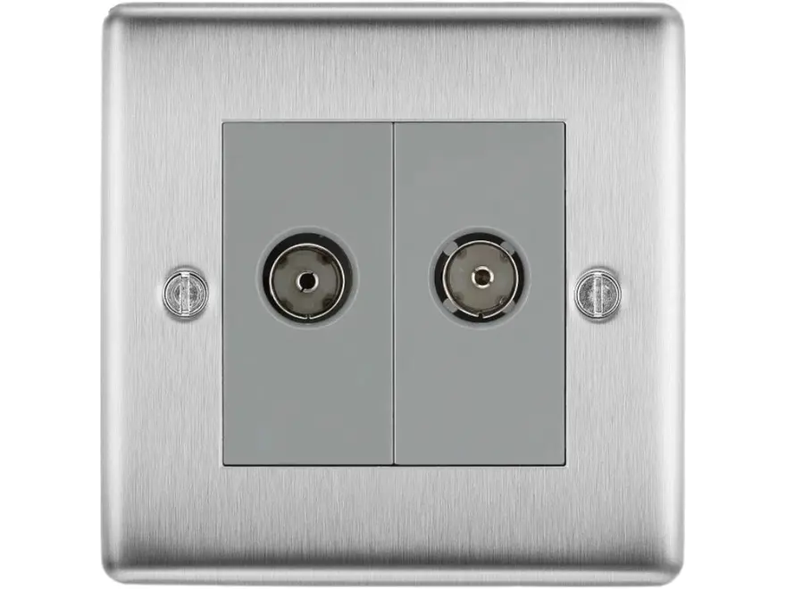BG Nexus Metal Co-Axial TV Socket, Brushed Steel, 2 Gang NBS61-01