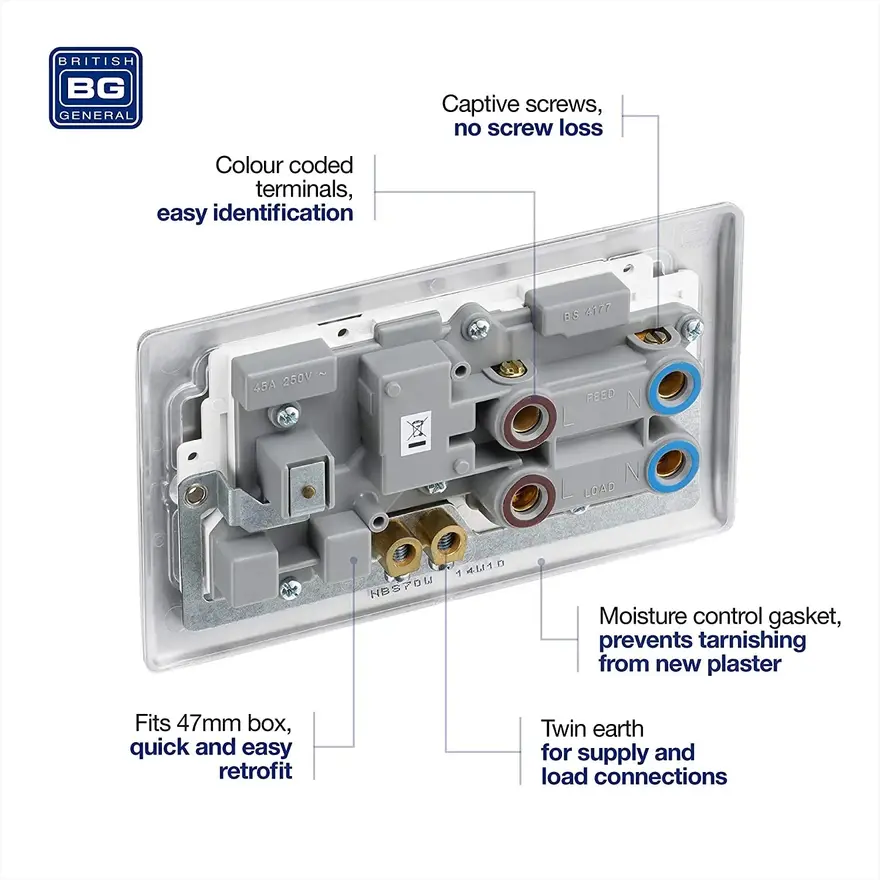 BG Nexus Metal 45A Cooker Connection Unit Switched Socket, Brushed Steel White Insert NBS70W-01