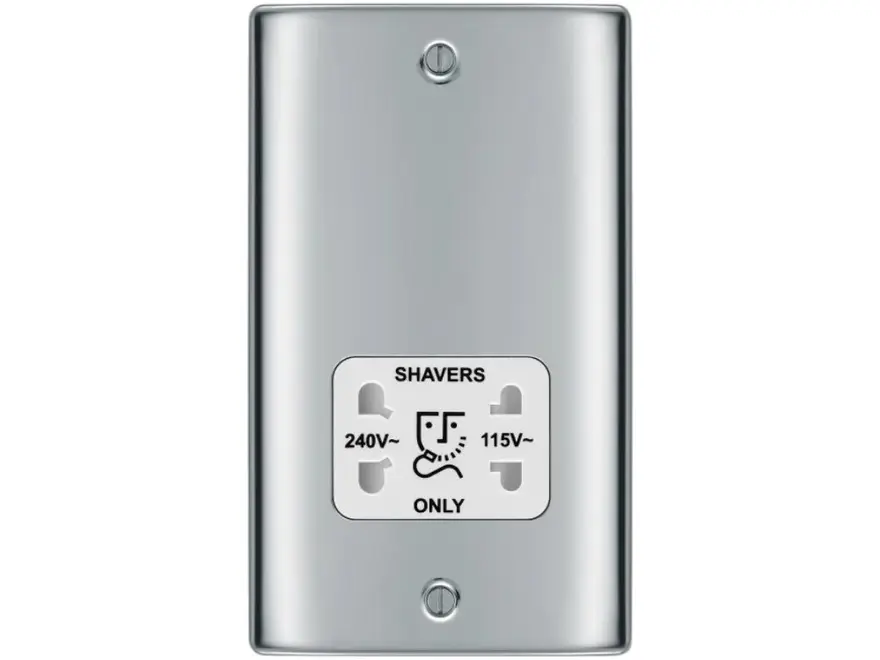 BG Nexus Metal dual voltage 115/230V shaver socket, polished chrome white insert (NPC20W-01)