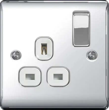 BG Nexus Metal 13A single switched socket, polished chrome with white insert (NPC21W-01)
