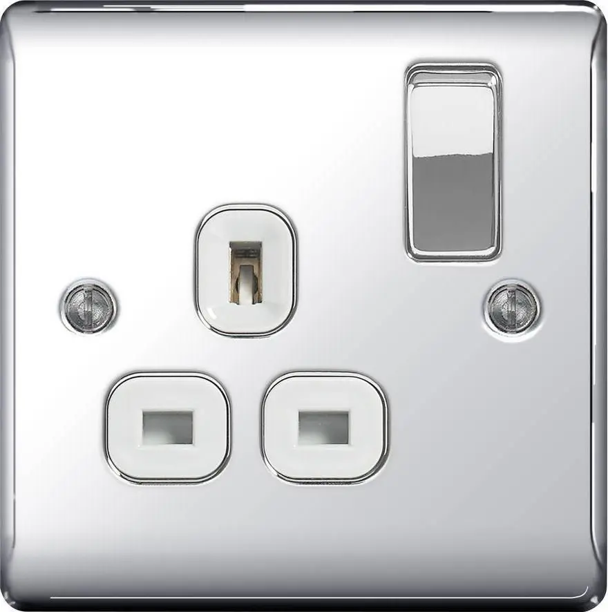 BG Nexus Metal 13A single switched socket, polished chrome with white insert (NPC21W-01)