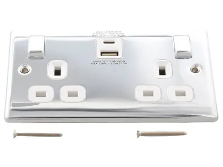 BG Nexus Metal 13A double socket with 30W USB-A and USB-C, polished chrome white insert (NPC22UAC30W-01)
