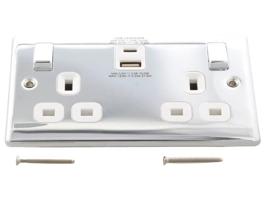 BG Nexus Metal 13A double socket with 30W USB-A and USB-C, polished chrome white insert (NPC22UAC30W-01)