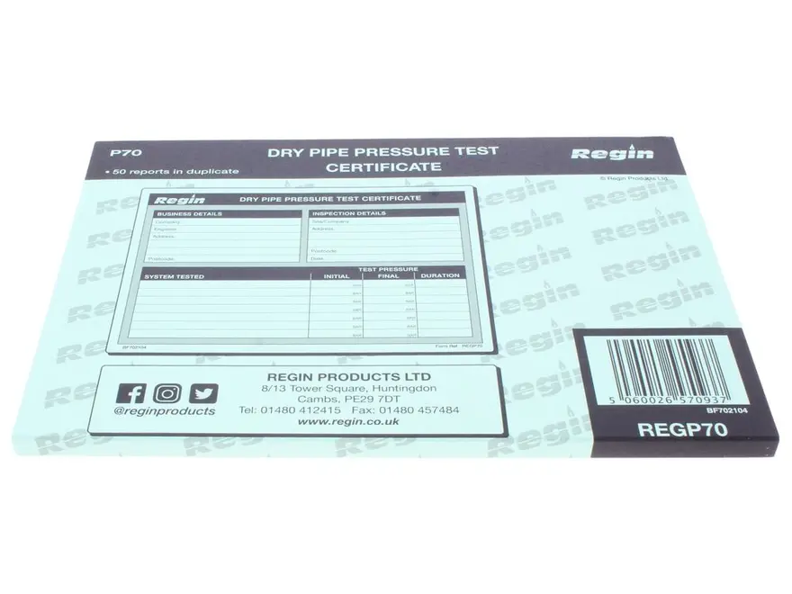 Regin Dry Pipe Pressure Test Certificates REGP70
