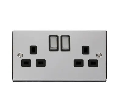 Scolmore Click Deco 13A 2 gang double pole switched socket, polished chrome, black insert - VPCH536BK