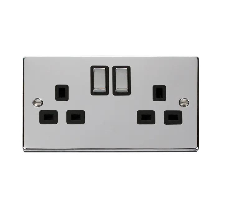 Scolmore Click Deco 13A 2 gang double pole switched socket, polished chrome, black insert - VPCH536BK