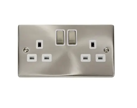 Scolmore Click Deco 13A 2 gang double pole switched socket, polished chrome, white insert - VPCH536WH