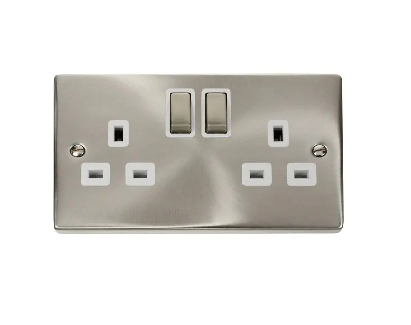 Scolmore Click Deco 13A 2 gang double pole switched socket, polished chrome, white insert - VPCH536WH
