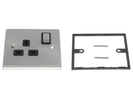 Click Deco satin chrome 13A 1 gang double pole switched socket, black insert VPSC535BK