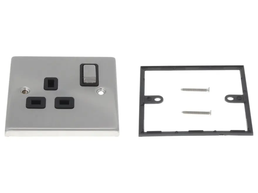 Click Deco satin chrome 13A 1 gang double pole switched socket, black insert VPSC535BK